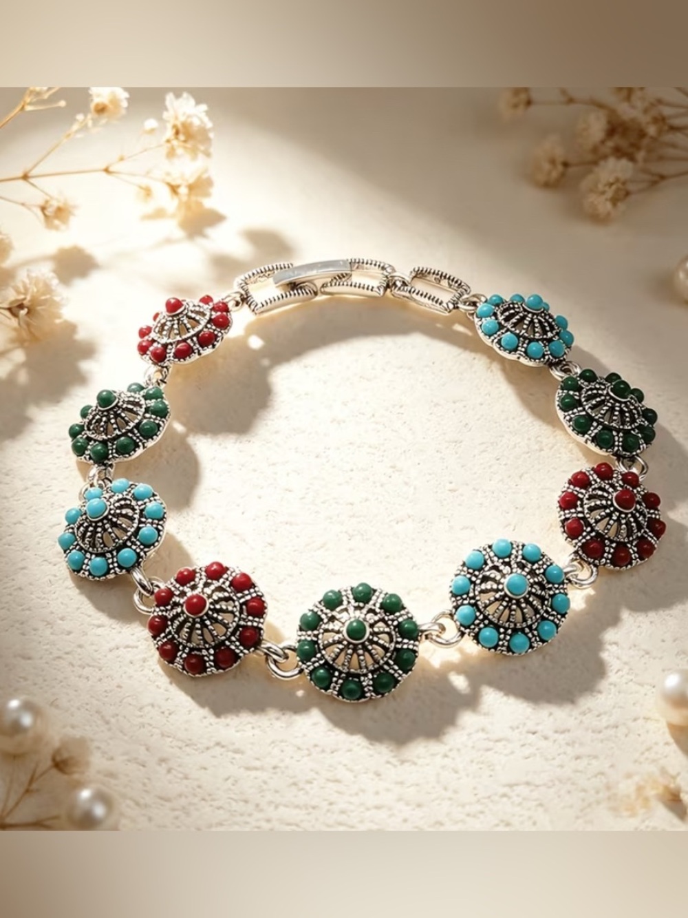 Bohemian Multicolor Disc Bracelet with Turquoise, Green & Red Accents